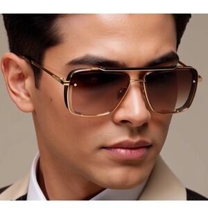 Square Aviator Sunglasses Men Designer Shades‎ Gold Brown Lens UV Protect Modern
